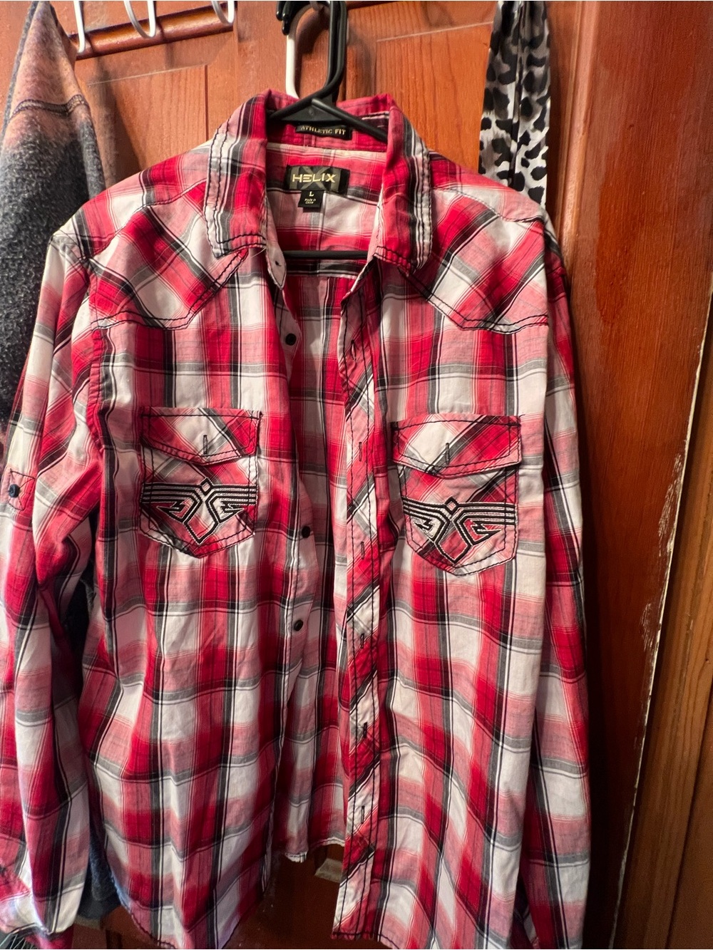 Helix Men's Red and White Plaid Button-Down Shirt large